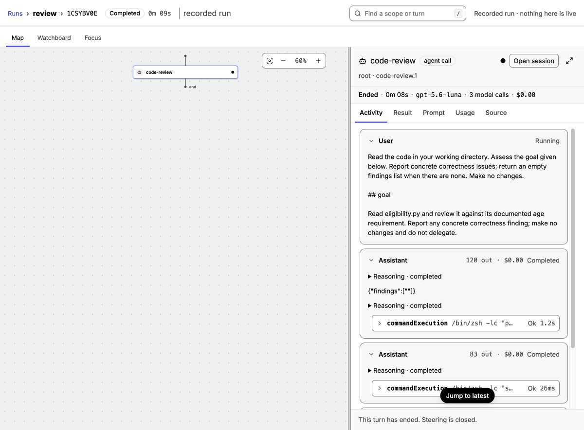 Completed recorded turn beside a User activity card still labelled Running.